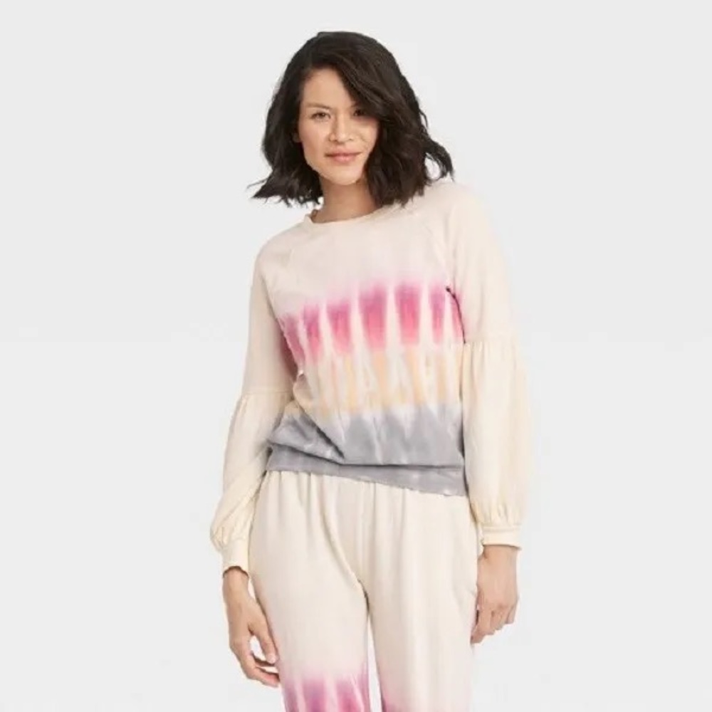 Knox Rose Women's Long Bishop Sleeve Tie Dye Sweatshirt Ivory